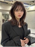 韓国ヘアーグレーベージュレイヤーロング前髪パーマ黒髪