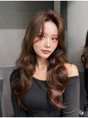 ロングミルクティー暗めカラー韓国ヘア顔周りレイヤー_F41084