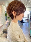 小顔丸みショート/ブリーチなし透明感カラー/博多