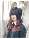 プルエクステインナーカラー赤髪黒髪顔周り前髪カット