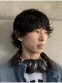 フェザーパーマグレーブルーカラー刈り上げショートバング