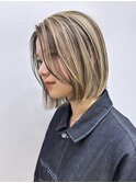 渋谷ブリーチカラータッセルボブ顔周りレイヤー切りっぱなしボブ
