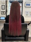 ロングレイヤーオン眉ぱっつん前髪チェリーブラウンストレート