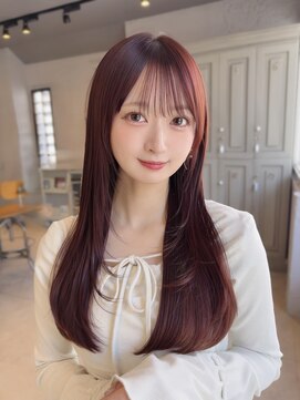 こっくりピンク/シースルーぱっつん前髪おくれ毛ロング髪質改善