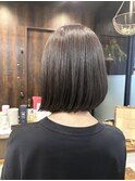 ロングショートワンカールパーマカーキグレージュ前髪錦糸町