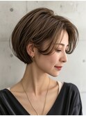 【50代60代】丸みショートボブ／前髪なし／白髪ぼかし／髪質改善