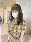 イエロー×ブラウン×前髪ルーツ×ローライト×デザインカラー