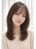 セミロングレイヤーカットストレートロングウルフカットベージュ