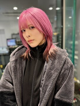 ギグスダブル 栄店(gigs double) ミディアムレイヤー/フラミンゴピンク×ブラウンブロンド
