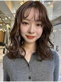 ミディアムパーマデジタルパーマボブパーマチェリーブラウン前髪