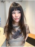 前髪カット顔周りレイヤーロングオリーブベージュ_ba556601