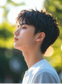 韓国マッシュ スペインカール スパイキーショートブルーブラック