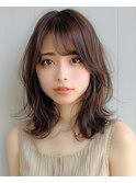 暗髪艶髪ベージュシースルーバングミディアムレイヤー夏カラー