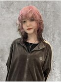 ウルフカット×ペールピンク×ブラウン グラデーションカラー