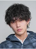 メンズ波巻きスパイラルパーママッシュウルフセンターパートヘア