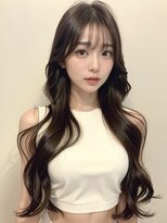 ムウ 難波(MOU)&nbsp;レイヤーロングボブルフ黒髪ネビージュ小顔ワンレン20代30代40代