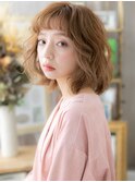 オン眉大人かわいいゆるふわ巻き小顔ボブディa戸頭20代30代40代