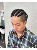 メンズ刈り上げコーンロウ特殊エクステ編み込みブラックHIRO