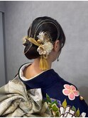 和装ヘアセット水引きアレンジタイトシニヨン成人式20代