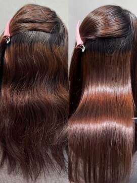 アム 表参道(am) 巻ける縮毛矯正【小顔薄めバンググレージュレイヤーロング前髪】