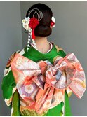 着物ヘア お団子 お花アレンジ シンプル ヘアセット