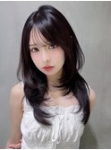ロング暗めカラー韓国ヘア顔周りレイヤー_F21012