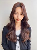 小顔薄めバングピンクブラウンレイヤーエアリーロン グ前髪美髪