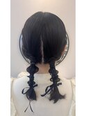 リボン付き デート前タイトツイン編み下ろし