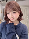 ボブシースルーぱっつん前髪おくれ毛ロブミディアムロングピンク