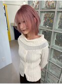ピンクミルクティー×顔周りレイヤー×切りっぱなしボブ
