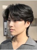 黒髪毛流れセンターパートツーブロックダウンパーマワックスなし