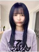 イメチェン顔周りレイヤー表参道ワイドバング美髪ブルーブラック