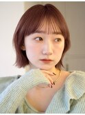 切りっぱなしボブ　ピンクベージュ　チェリーブラウン　美髪