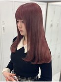 チェリーレッド　ロングストレート　顔周りカット　ケアブリーチ