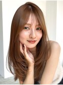 オリーブベージュロング前髪カット顔周りレイヤー_F1244