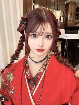 モード系編み込みツイン 着物ヘアアレンジ  ツインだんご