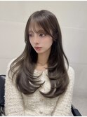 レイヤーカット/韓国ヘア/ブリーチなし/オリーブグレージュ/前髪