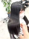 黒髪韓国風グレーベージュレイヤーロング似合わせカット