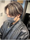 1038グレージュハイライトメッシュルーズパーマフェザーウルフ