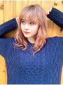 パーマ風ミックスウェーブ×ピンクベージュ