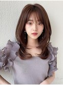 ミニウルフ前髪パーマ韓国くびれミディアムチェリーブラウン