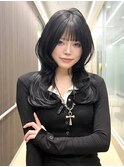 小顔ロングワンホンレイヤーカットハッシュカットブルーブラック