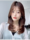 内巻きレイヤーヘア*セミロングヘア*30代40代50代*白髪染めOK