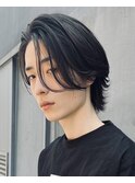 センターパートウルフニュアンスパーマコンマバングツーブロック