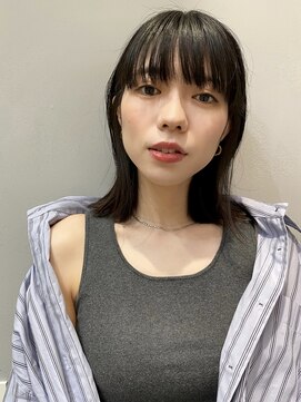 サンプラス(san+) 【マユコ】外ハネミディアムぱつっとボブウェット黒髪スタイル