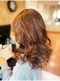 オレンジべージュ大人可愛い小顔デジタルパーマ毛先パーマ