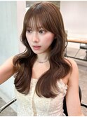 暗めカラー顔周りレイヤーロング韓国ヘア_F31074