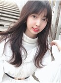 小顔薄めバンググレージュレイヤーロング前髪パーマ黒髪