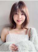 黒髪前髪ココアベージュこなれヘアオリーブグレー外ハネボブ