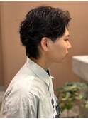 アップバング 無造作 スパイラルパーマ センターパート